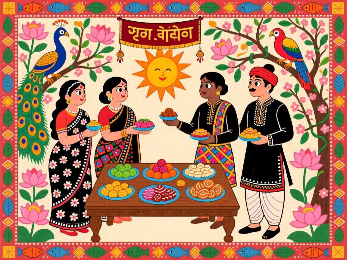 Two families joined together, sharing sweets at a wedding gathering.