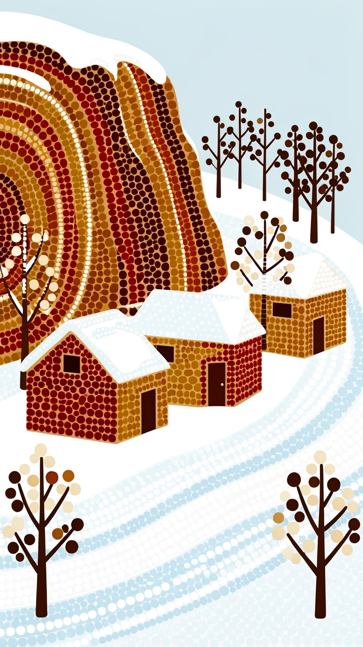 A cliffside village after a fresh snowfall