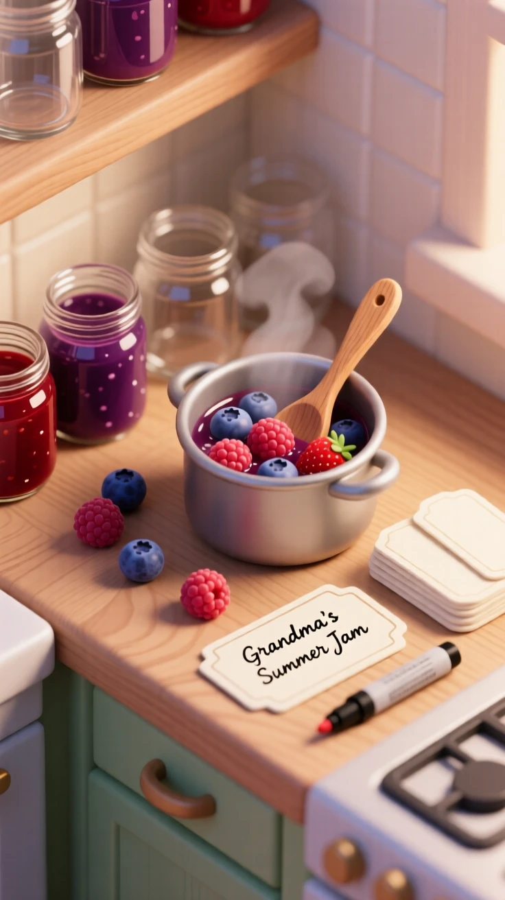 A cozy evening of making homemade jam, jars lined up on the counter, berries simmering in a pot, and labels waiting to be written.