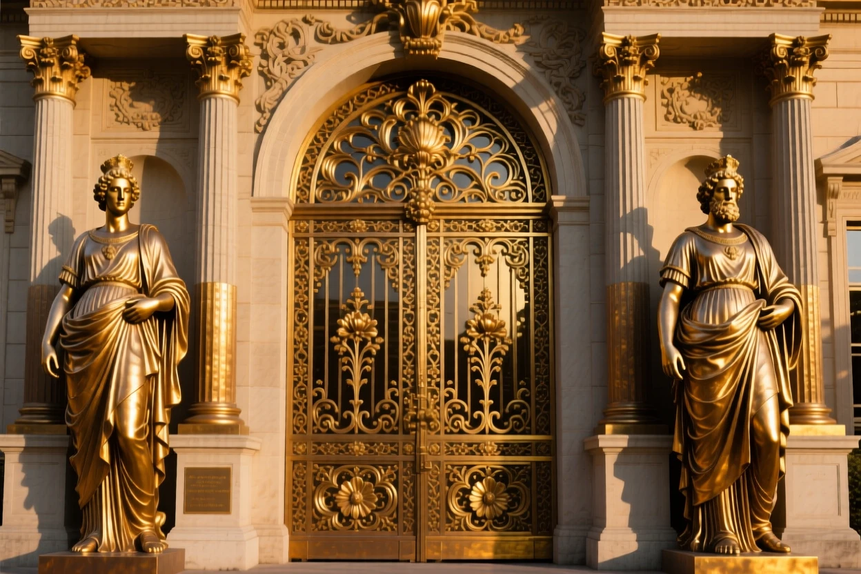 An ornate palace gate flanked by golden statues, bathed in warm, golden light, exuding timeless grandeur