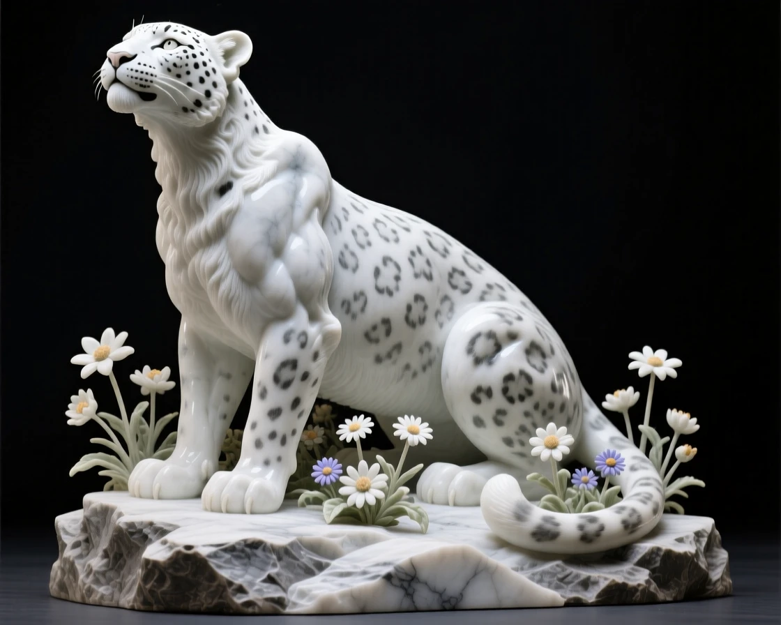 A snow leopard captured in a powerful, dignified pose amid blooming wildflowers