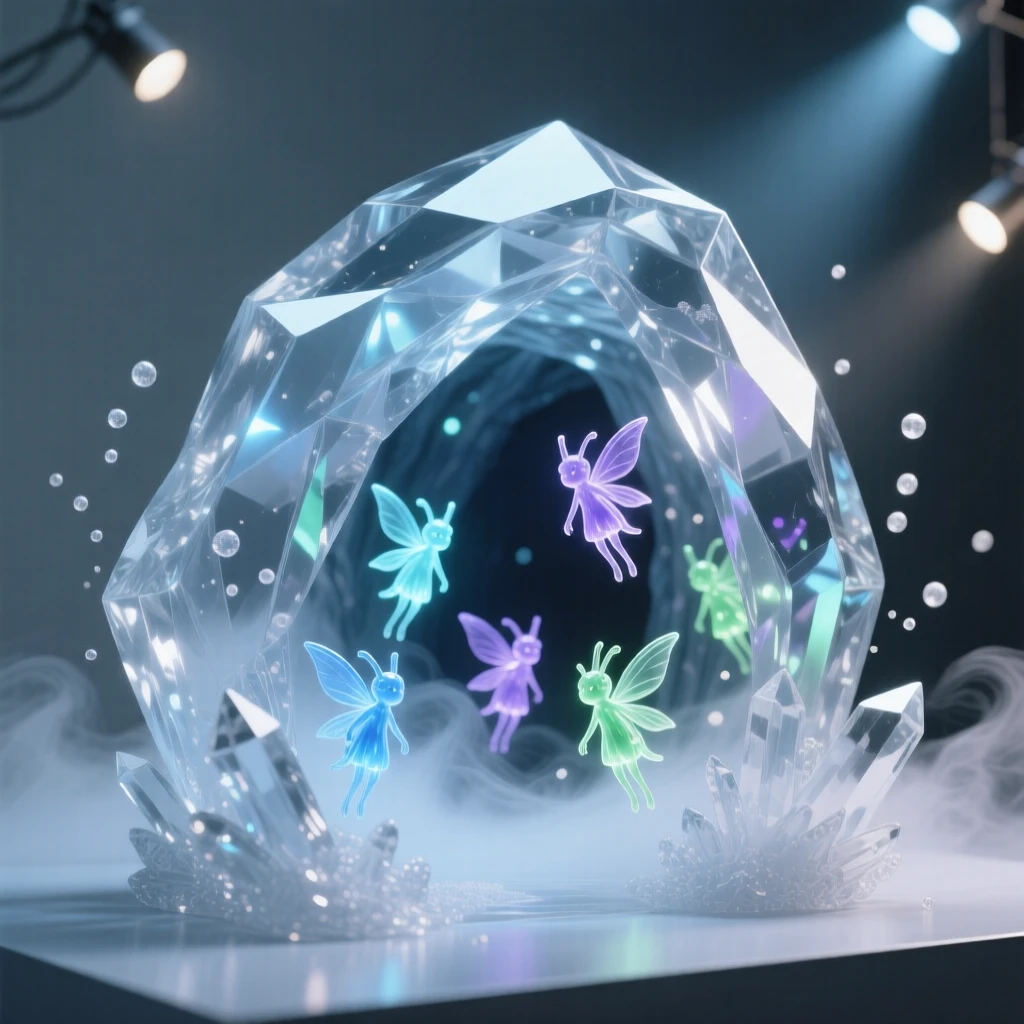 A crystal cave inhabited by tiny glowing sprites surrounded by softly glowing particles and gentle mist, wide cinematic composition, radiating magic and serenity.