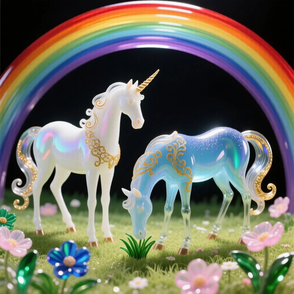 A pair of unicorns grazing in a meadow beneath a rainbow, gentle and enchanting.