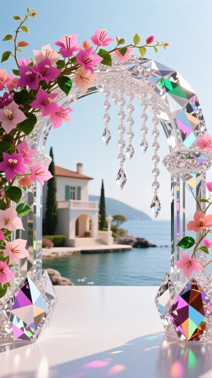 A cascading bougainvillea archway leading toward a Mediterranean seaside villa.