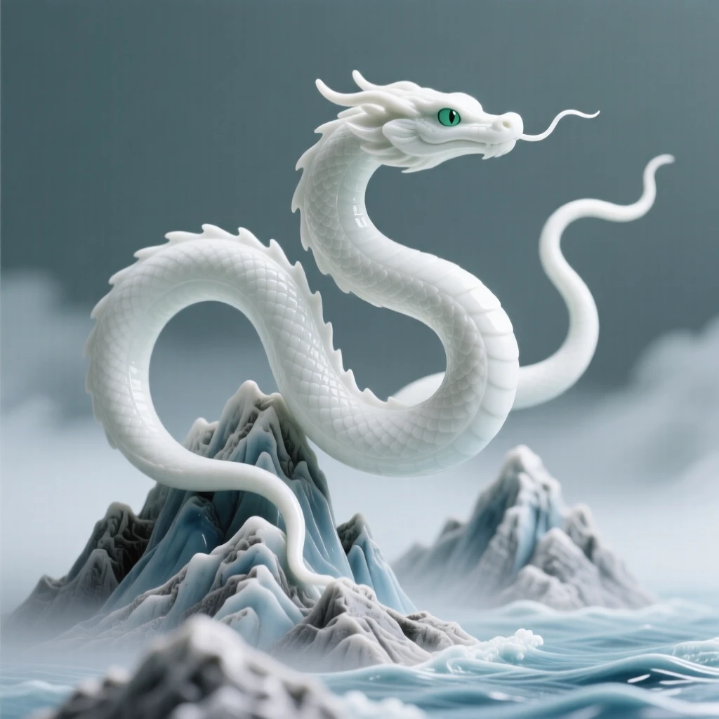 A majestic sea serpent soaring above a mountain range, an aura of quiet, ancient power surrounding it.