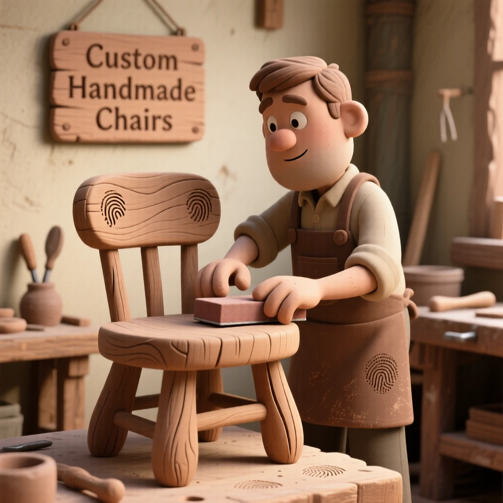 A carpenter sanding a handmade wooden chair in his workshop