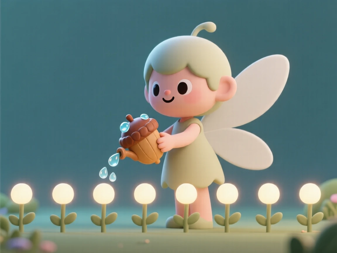 A cheerful garden fairy waters a row of tiny glowing flowers with a dewdrop-filled acorn cap.