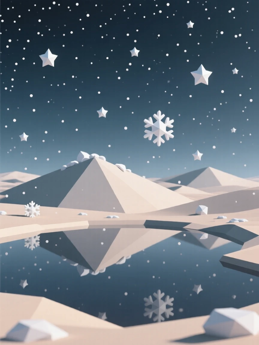 A star-filled sky over a silent desert, beneath a blanket of soft snowfall. reflections in the water double the scene's beauty. The mood is dreamy and otherworldly.