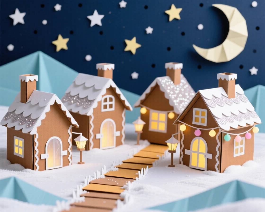 A snow-covered gingerbread house village glowing with warm lights under a starry winter sky, evoking whimsical holiday magic.