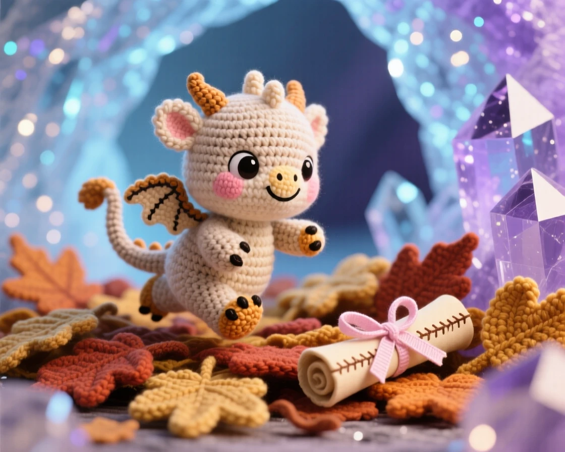 A charming portrait of a small baby griffin cub playing, chasing its own tail, tumbling happily in a pile of soft leaves beside a tiny scroll tied with a ribbon in a crystal cave sparkling with soft light, conveying joyful mischief and sparkling delight.