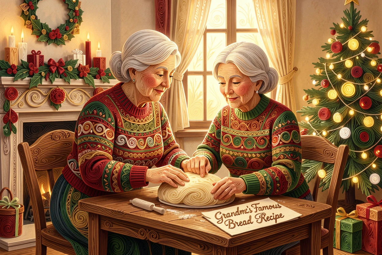 a grandmother teaching her granddaughter to bake bread, in a softly lit living room decorated for the holidays, composed with generous warmth and closeness between subjects, with a comforting, homely atmosphere throughout.
