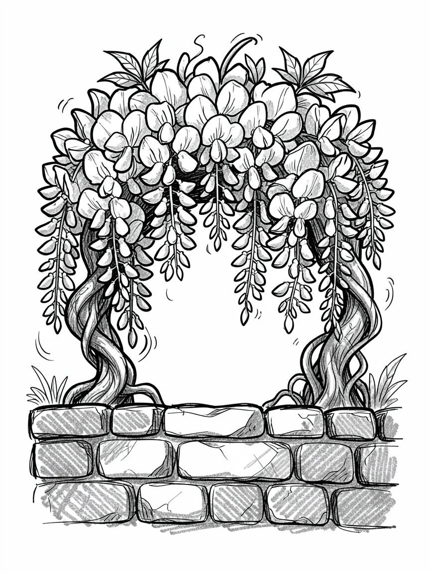 A cascading wisteria arch along a stone garden wall.
