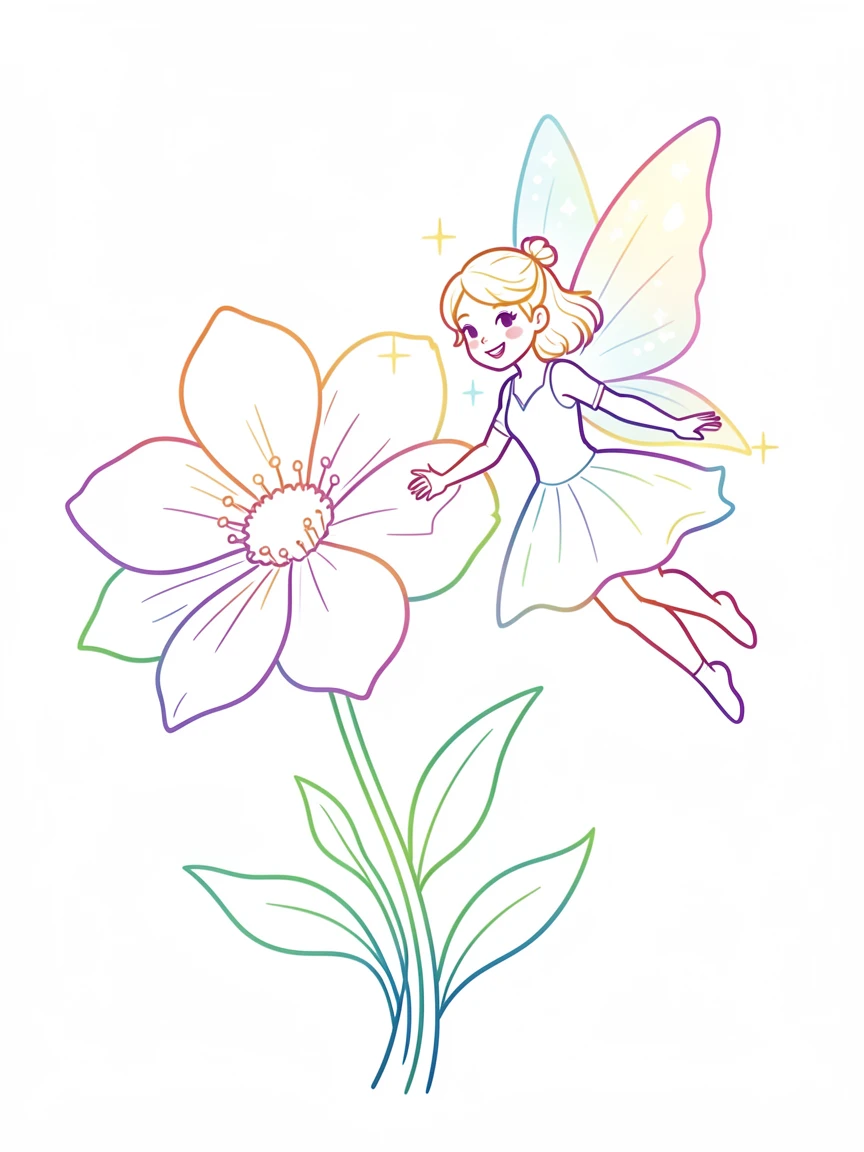 A pixie hovering beside a giant flower, wings shimmering with light.