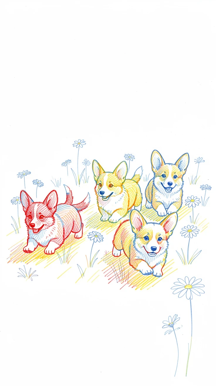 A litter of corgi puppies running through a field of daisies