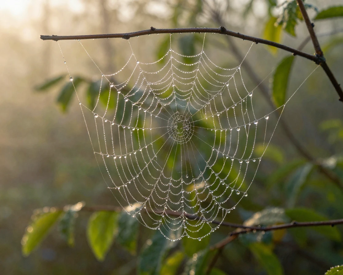 A spider web glistening with morning dew