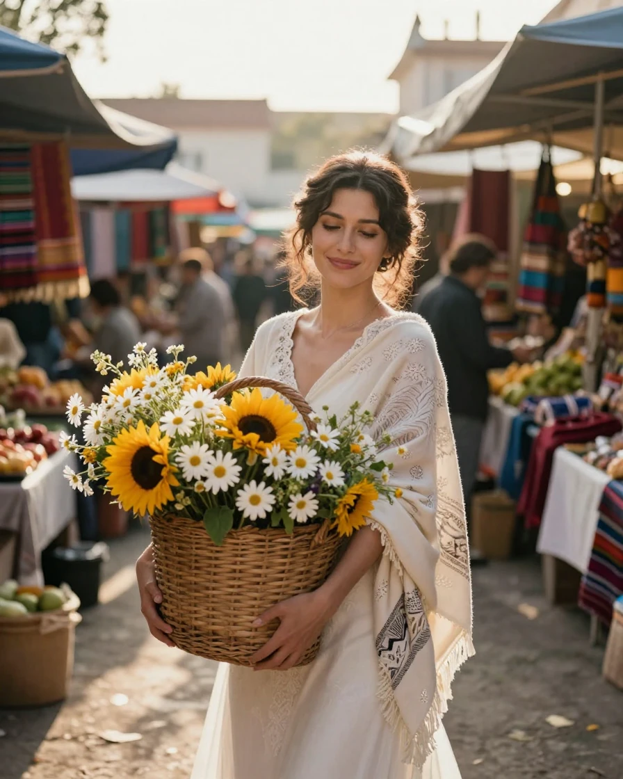 A newly married weaver carrying a basket of fresh flowers in a bustling open-air market, a gentle smile crossing their face