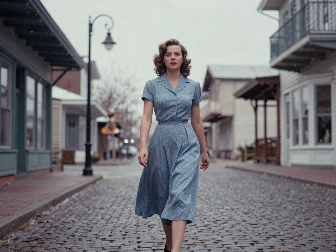 A woman in a flowing vintage dress walking along a cobbled street, in gentle diffused daylight, amid gently falling snow, in late autumn, in cool blues and silvery greys, at eye level, intimate and direct.