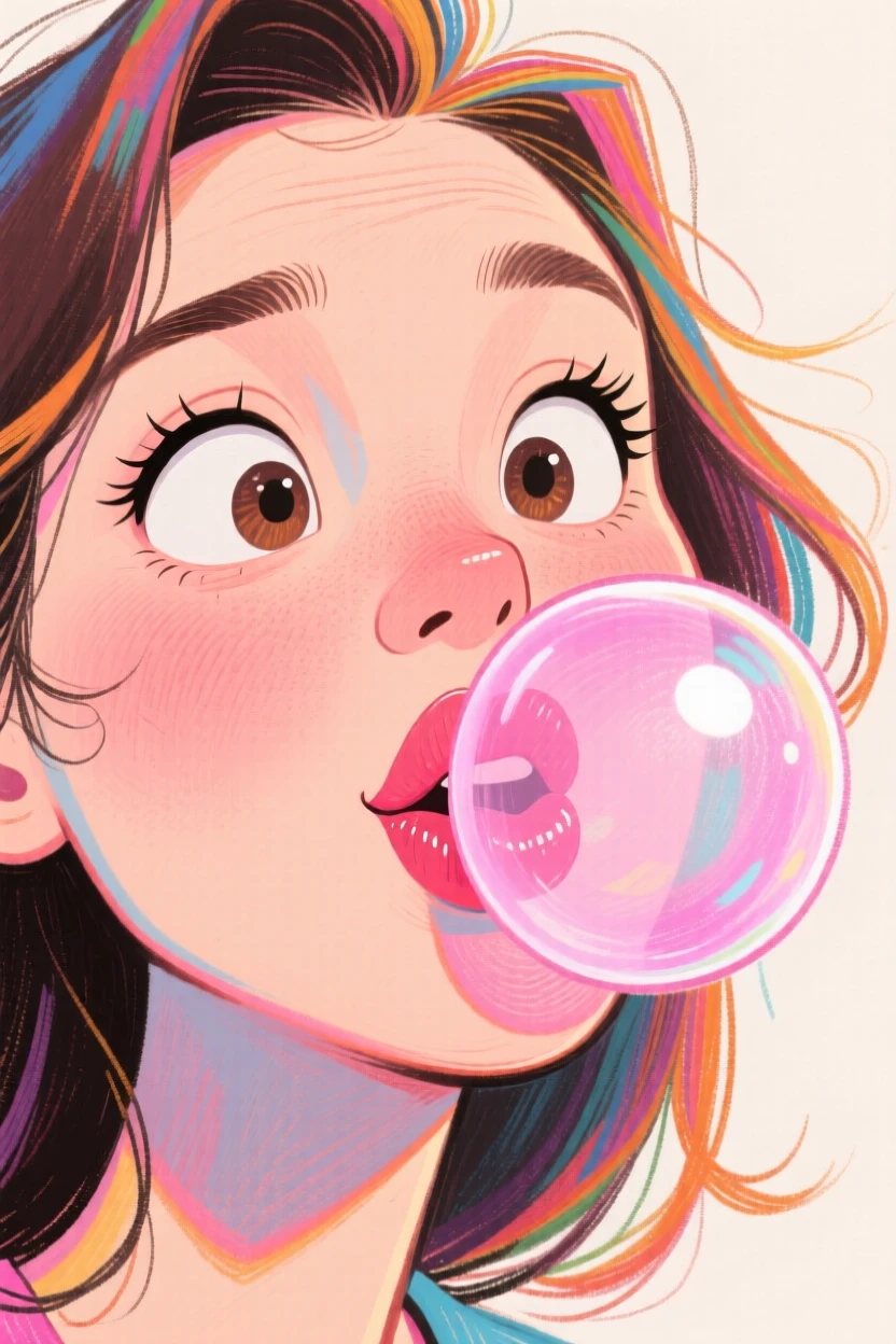 A woman blowing an enormous bubblegum bubble that's about to pop on her face.