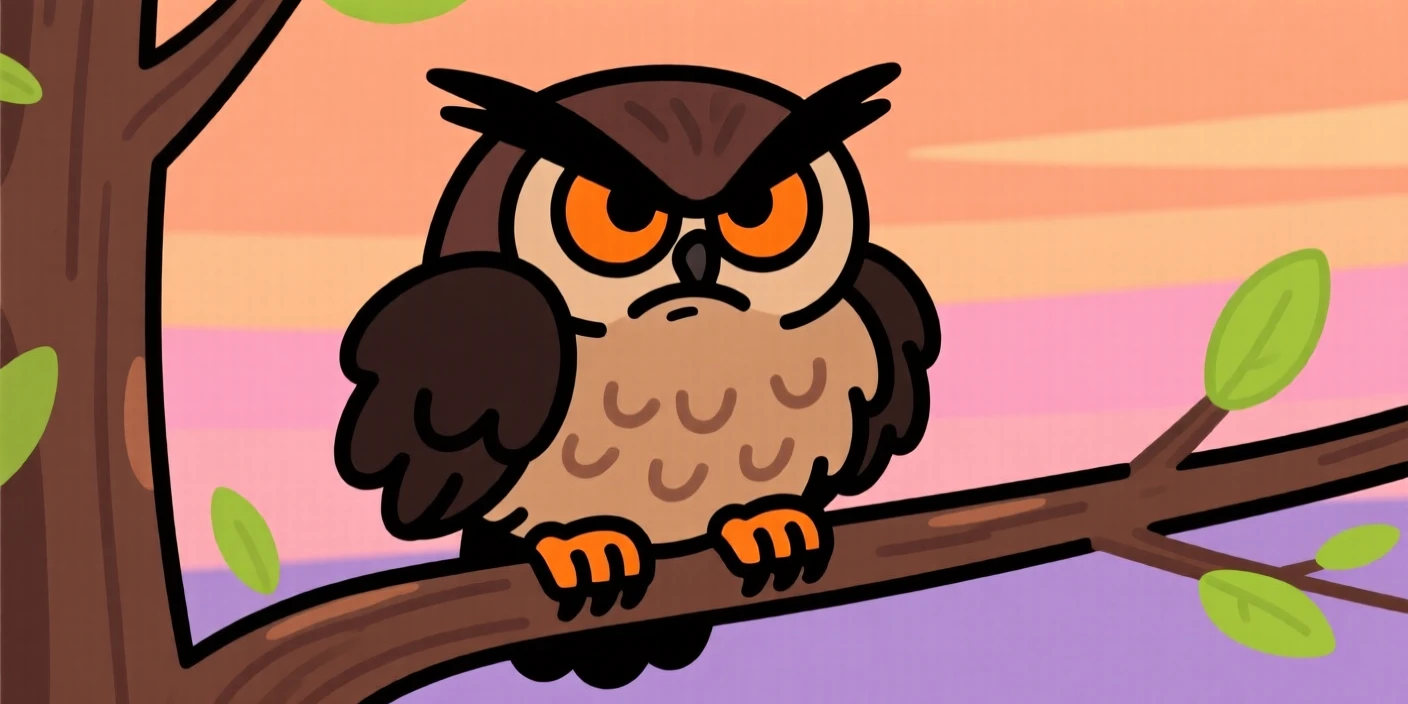 A charming animal moment featuring a grumpy-looking owl perched on a branch, feathers puffed up in an exaggerated scowl.