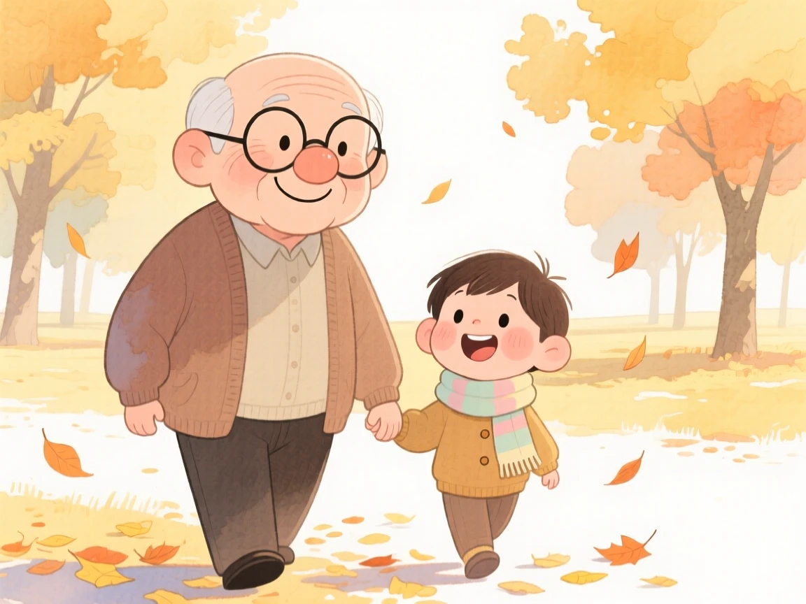 A grandfather and grandchild taking a walk together in a golden autumn park