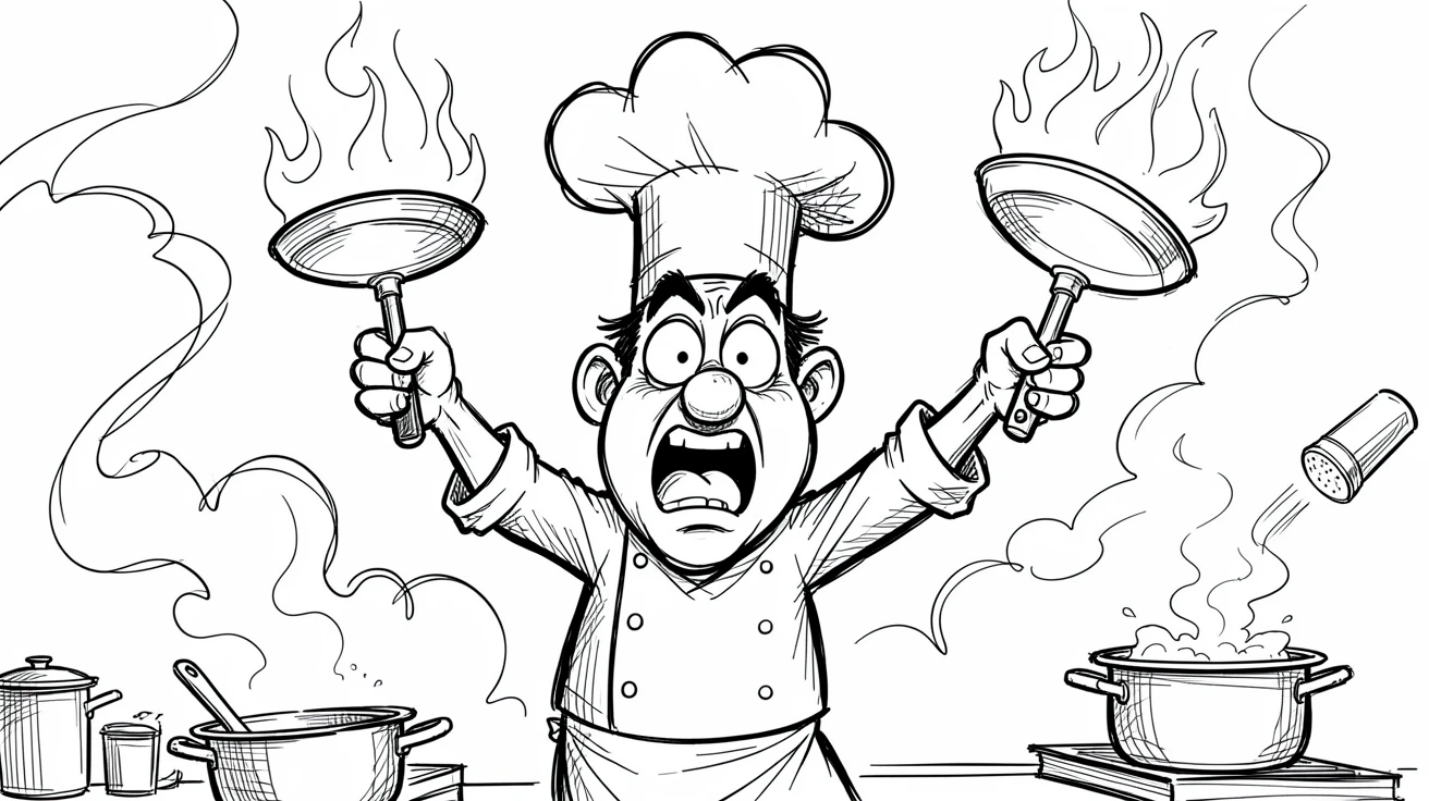 [Funny & Exaggerated Situations] Comical scene of a chef juggling flaming pans while the kitchen fills with smoke, exaggerated for maximum laughs