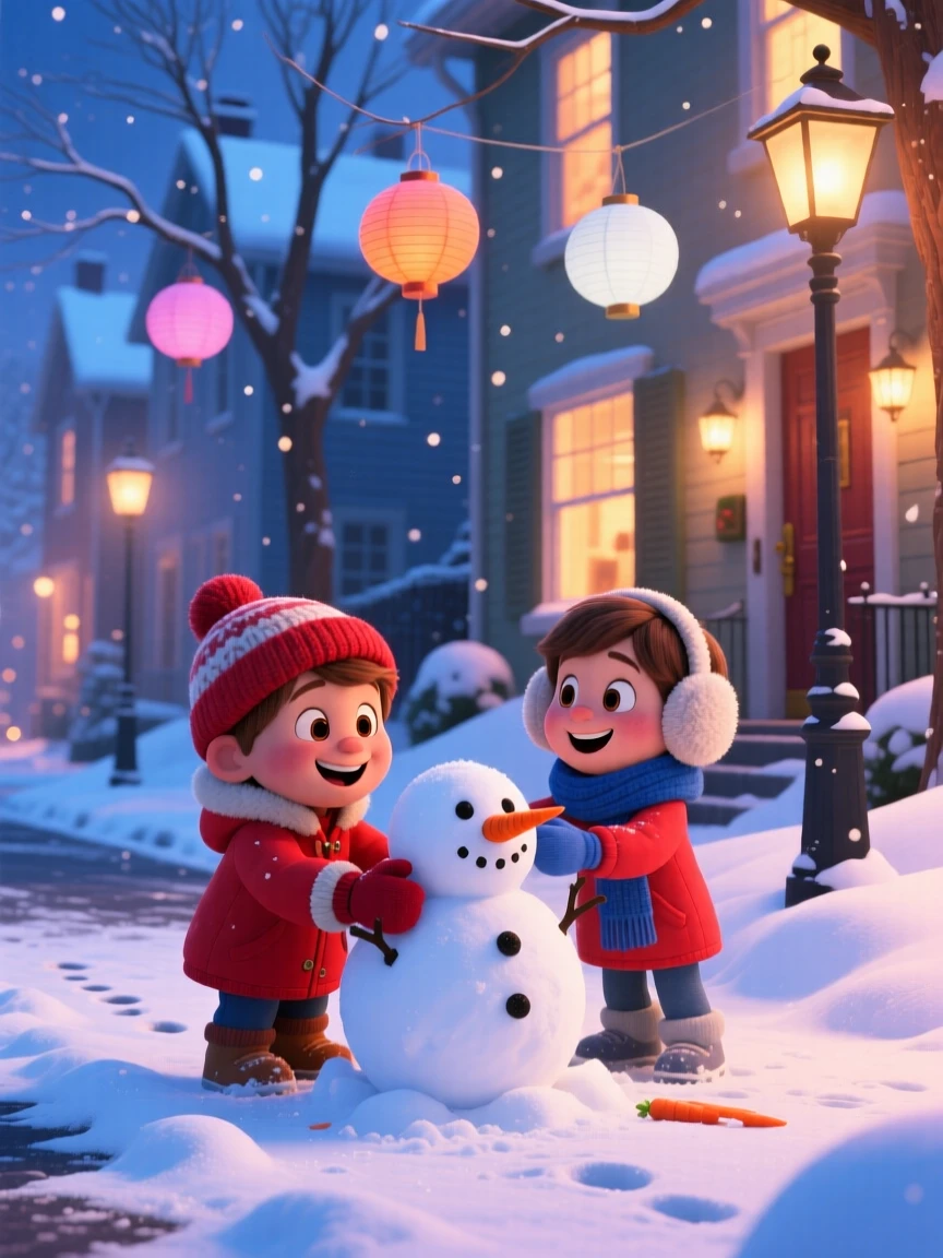 Children building a lopsided snowman happens on a snowy street lined with glowing windows, with paper lanterns swaying softly in the breeze. A festive warmth and togetherness fill the scene.