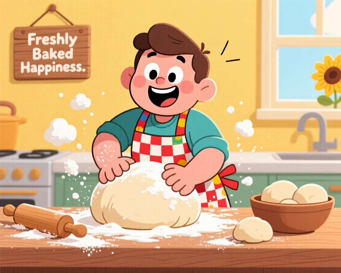 A home cook kneading dough on a flour-dusted countertop.