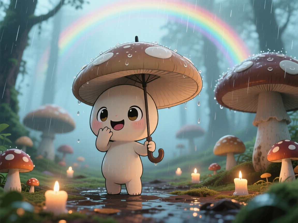Full-body shot: a tiny mushroom spirit, opening its cap like an umbrella in the rain, set against a misty fungal forest under a rainbow after the rain, with gentle candlelight and a mood of giggling amusement.
