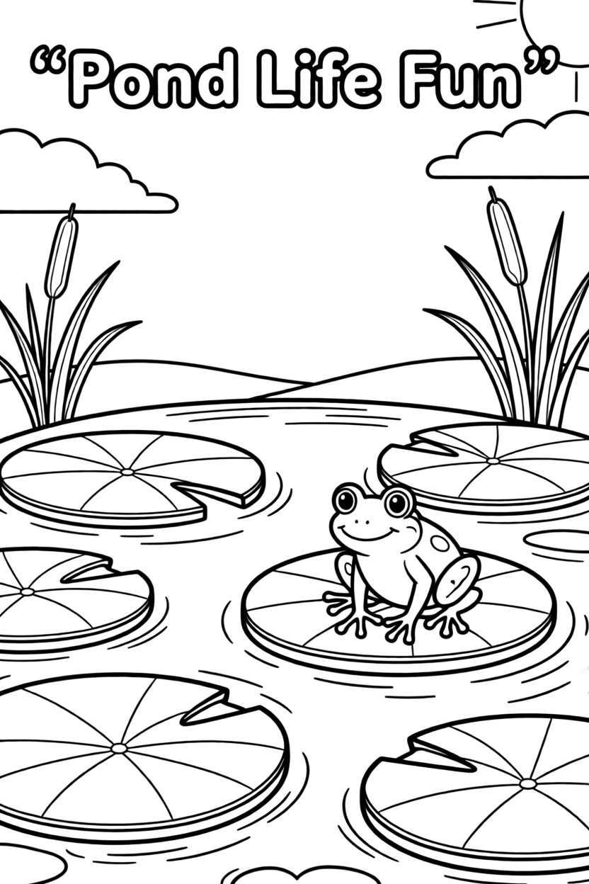 A pond covered in lily pads with a frog resting on one