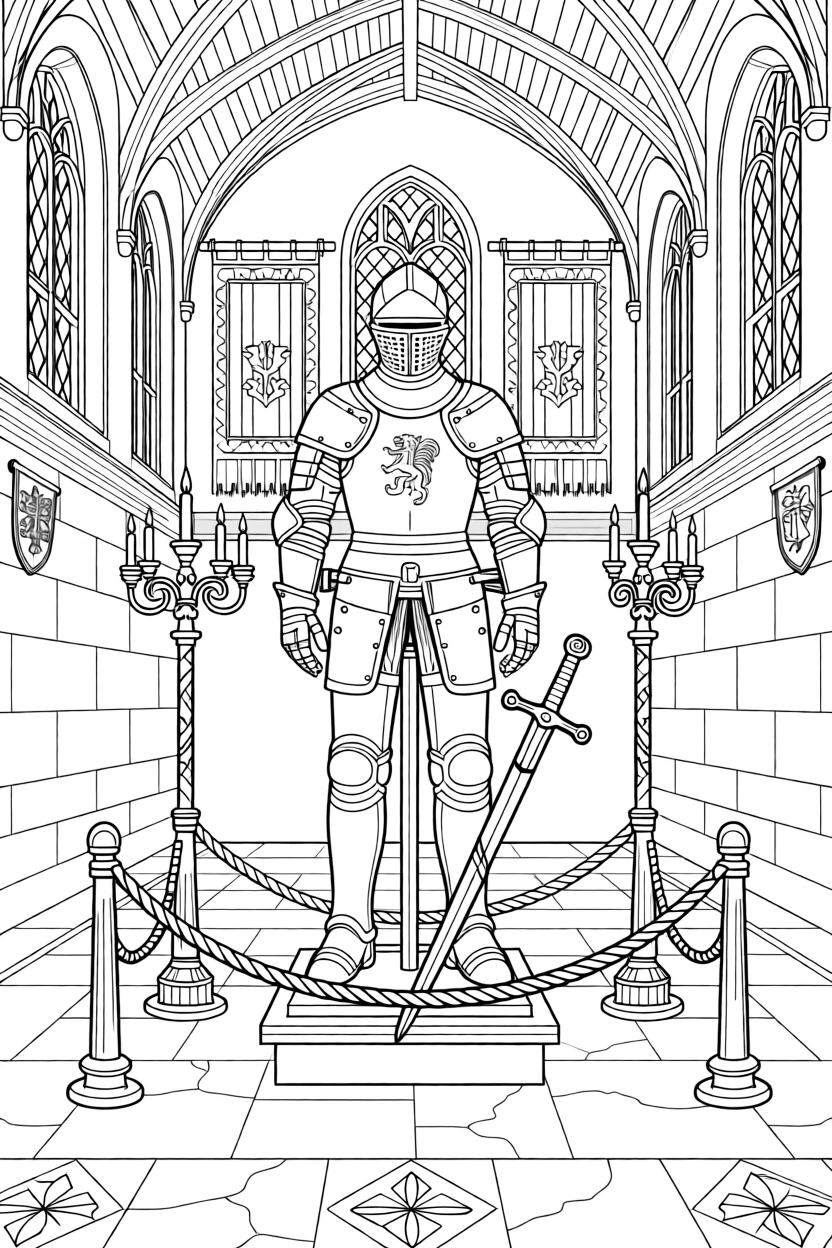 A knight's armor displayed in a grand castle hall lined with tapestries.