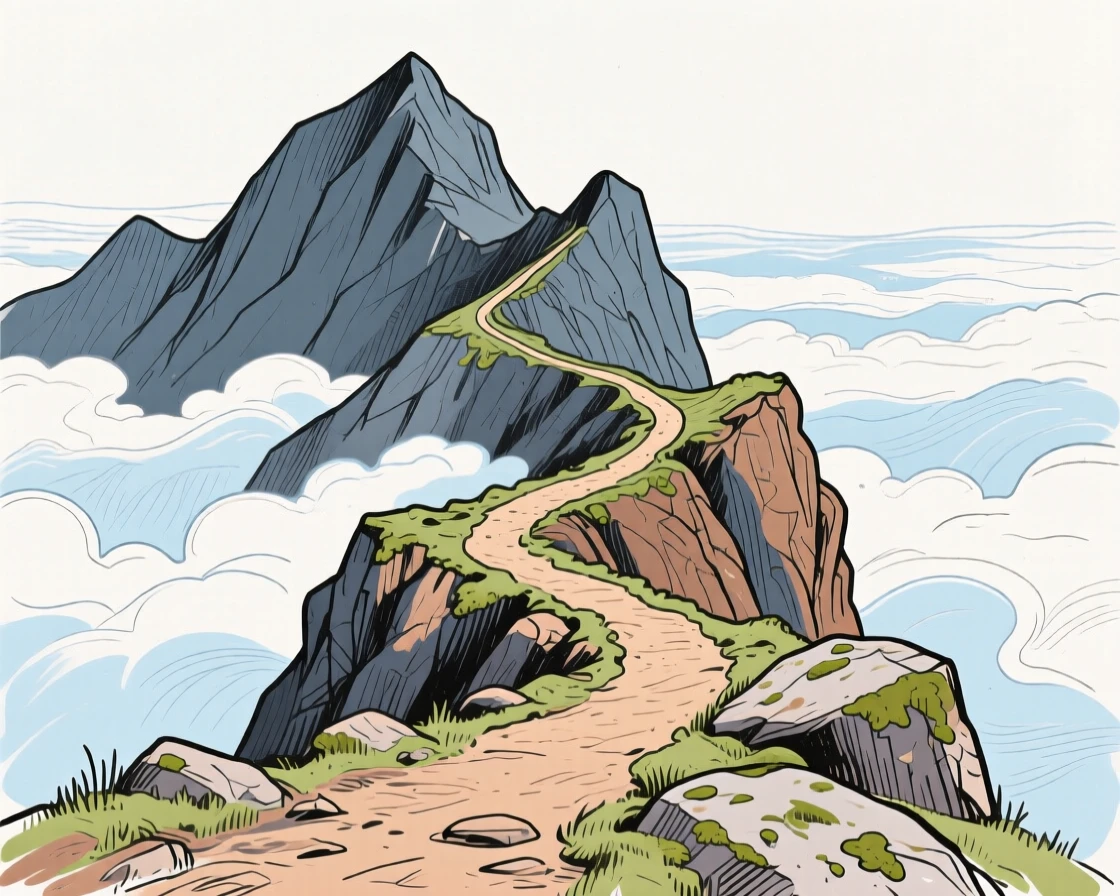 A rocky mountain trail winding above the clouds.