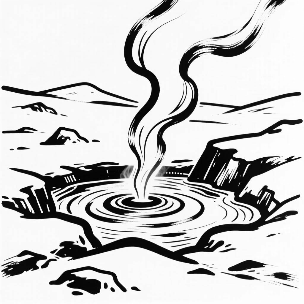 A geothermal hot spring surrounded by snow, steam rising into the cold air.