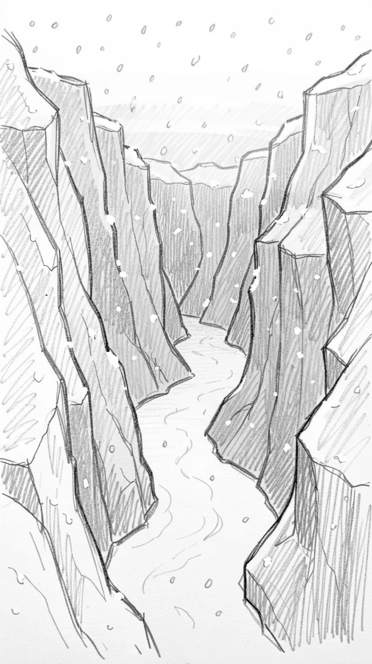 A canyon carved by an ancient river, bathed in the warm glow of sunrise, with snow gently falling.