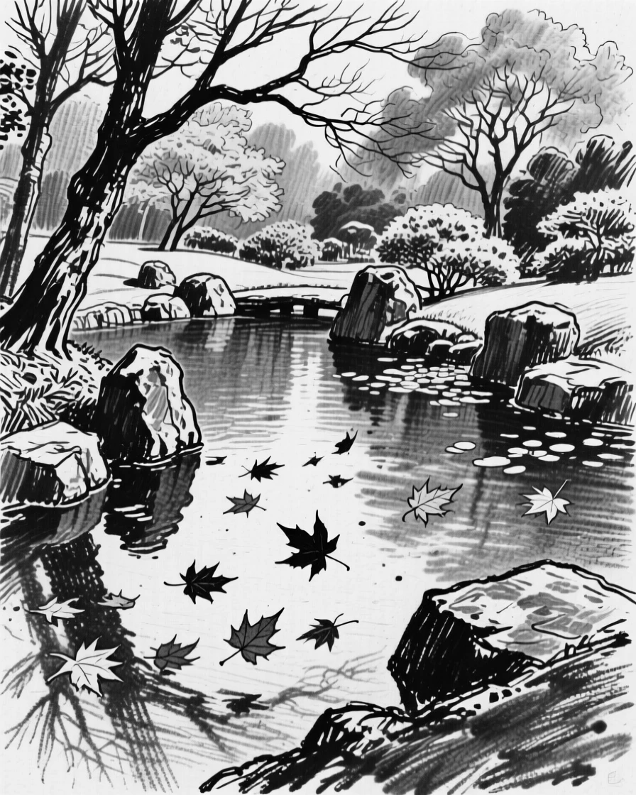 A tranquil Japanese garden pond as autumn leaves drift on a gentle breeze.