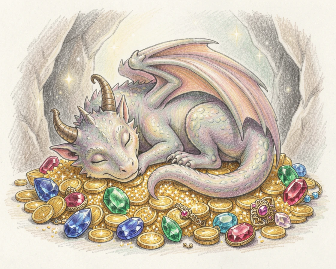 A small dragon curled up asleep on a pile of glittering treasure, with intricate, whimsical details throughout the scene, designed to feel enchanting, dreamy, and otherworldly.