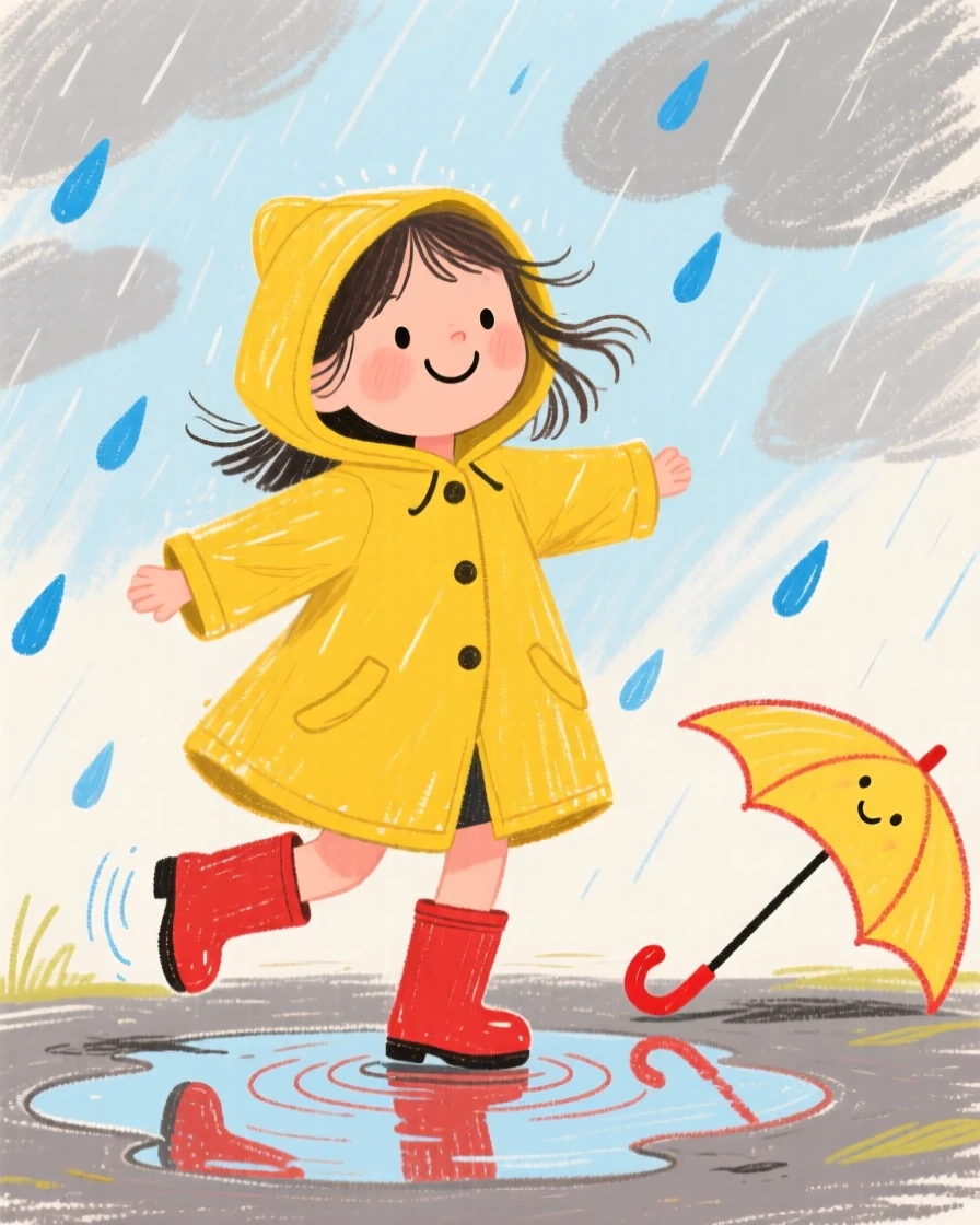 A little girl twirling in a bright yellow raincoat during a storm.