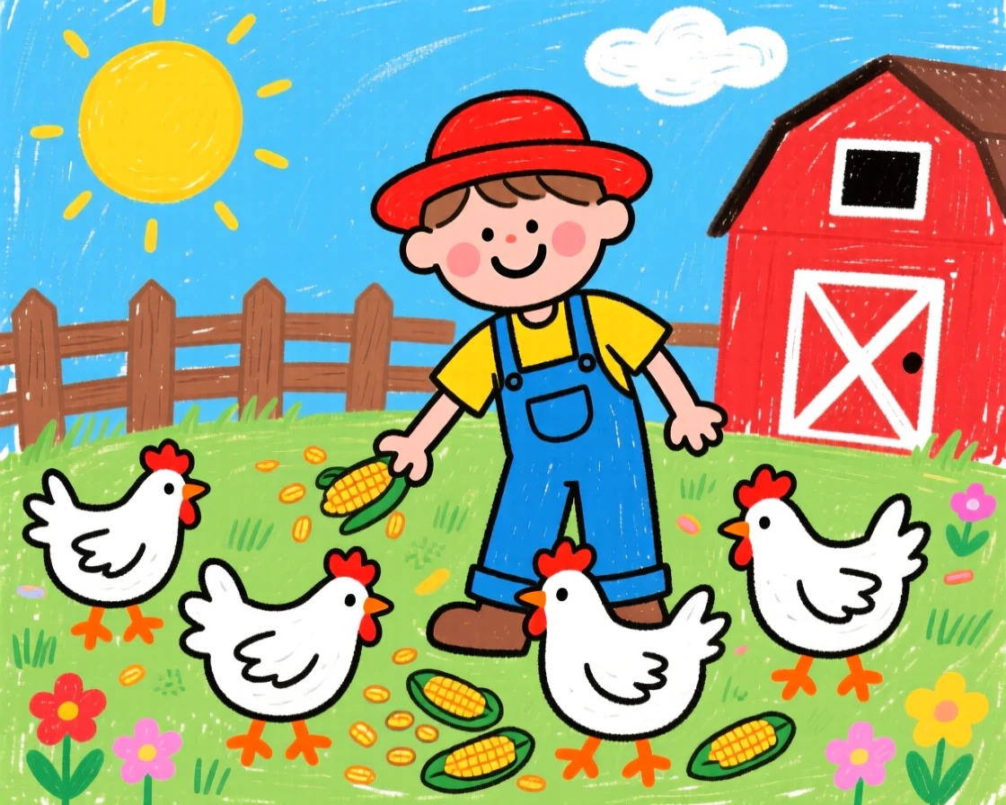 A farmer feeding chickens in a sunny farmyard.
