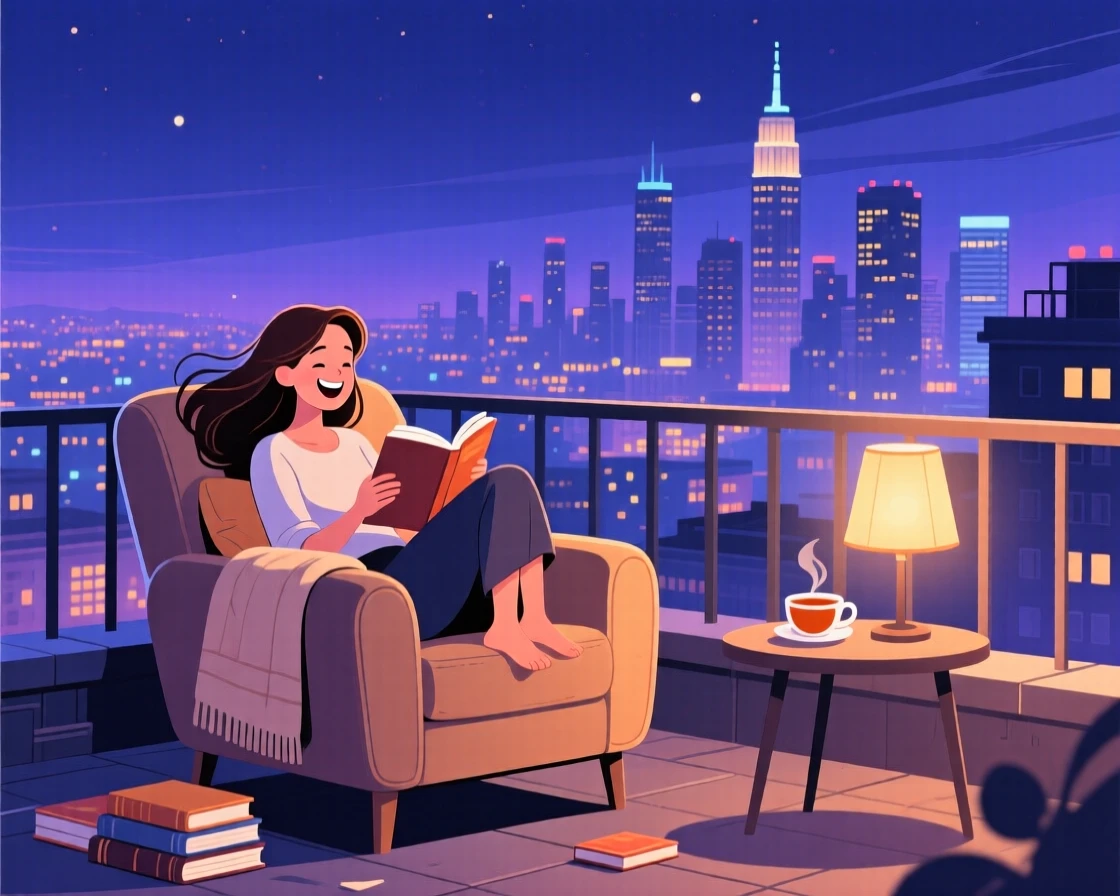A woman reading a book curled up in a cozy armchair, on a city rooftop overlooking twinkling lights, shown from a friendly eye-level perspective, with small joyful details like flying hair or bright laughter.