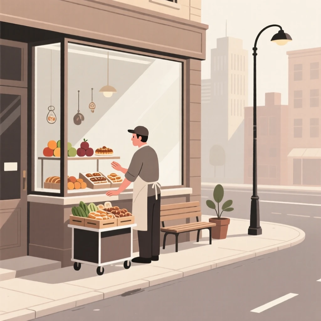 A street vendor window shopping on a quiet weekday morning in the city.