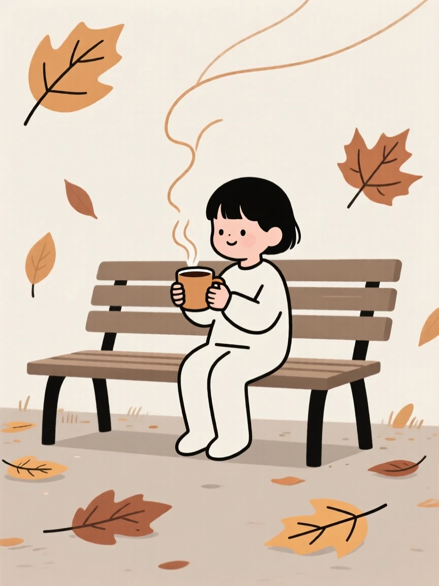 A child sharing a warm drink in a quiet park bench, surrounded by scattered autumn leaves, conveying warm connection.