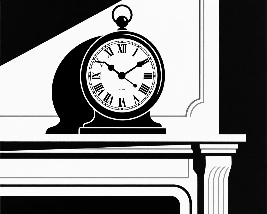 An antique clock ticking on a mantelpiece.