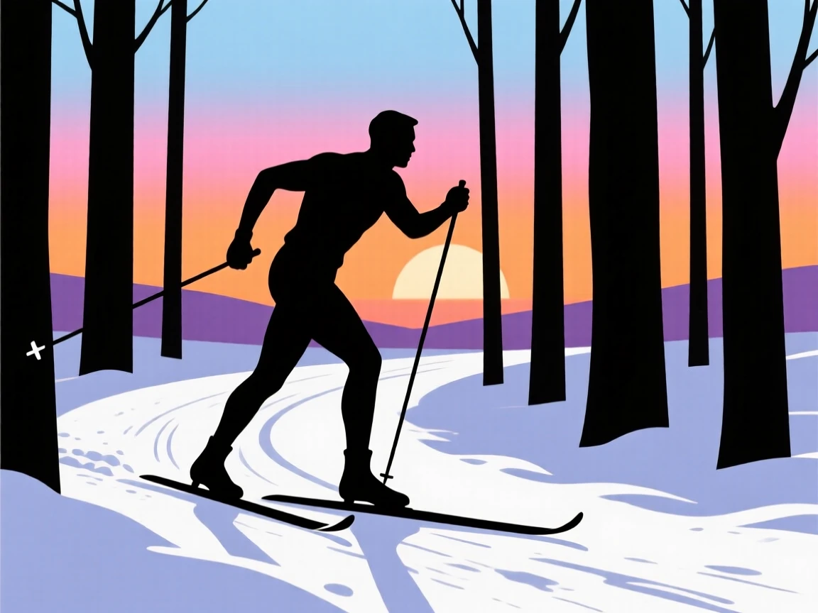 A cross-country skier gliding through a snow-covered forest trail.
