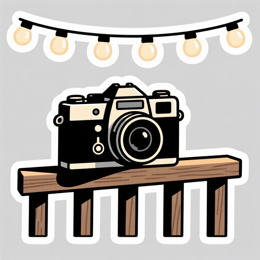 A nostalgic vintage film camera, placed on a sunlit balcony railing, on a balcony with string lights above.