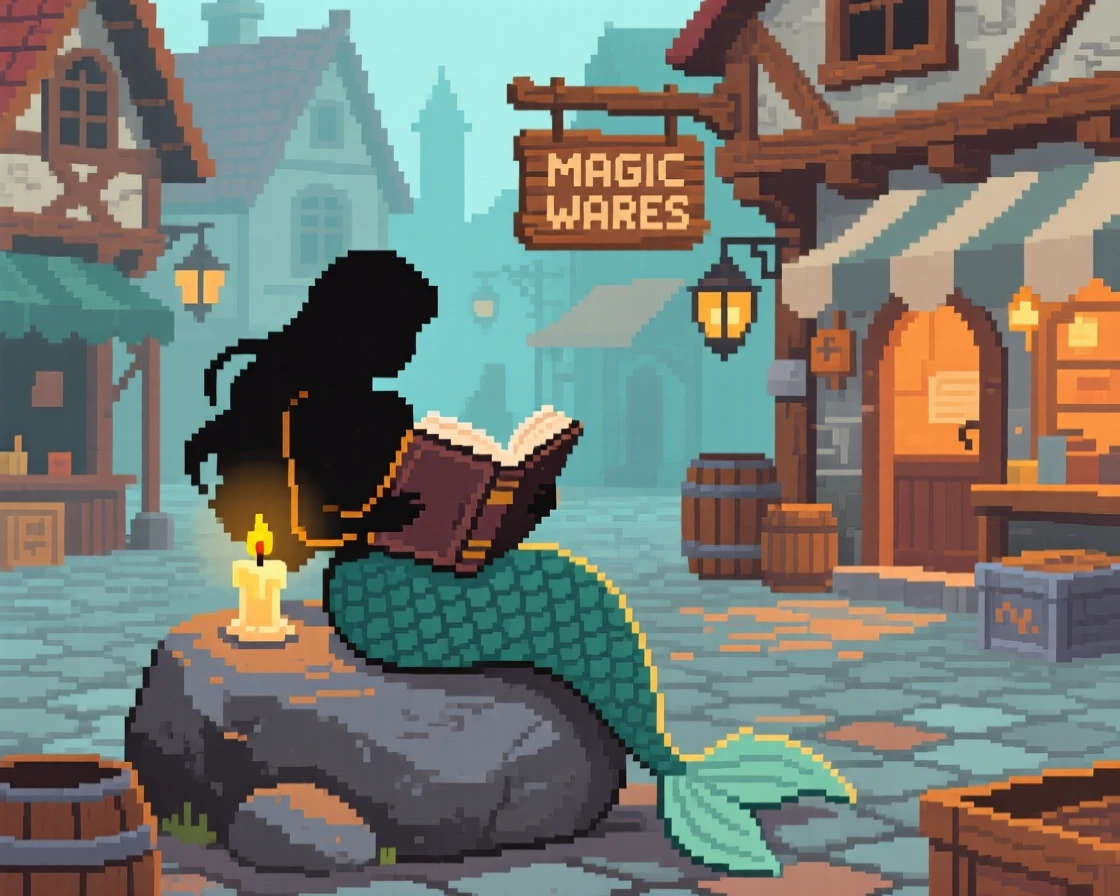 A mermaid resting on a rock reading an old spellbook by candlelight, in a market square of a fantasy town.