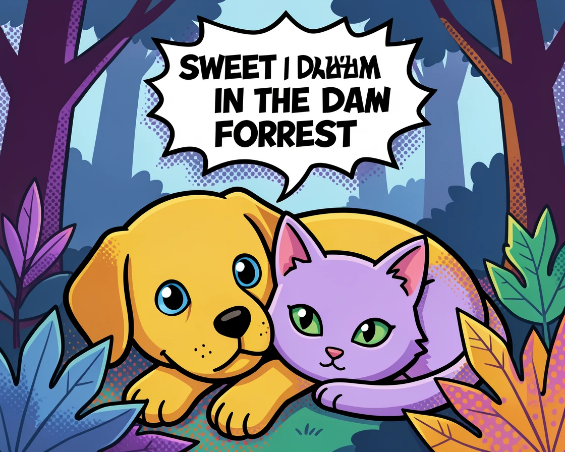 A puppy and kitten napping together exploring a quiet forest at dawn