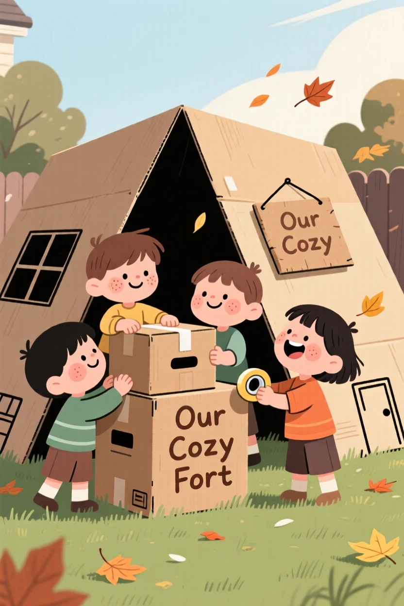 A trio of children build a fort out of cardboard boxes in the backyard, laughing as the wind sends leaves scattering everywhere.