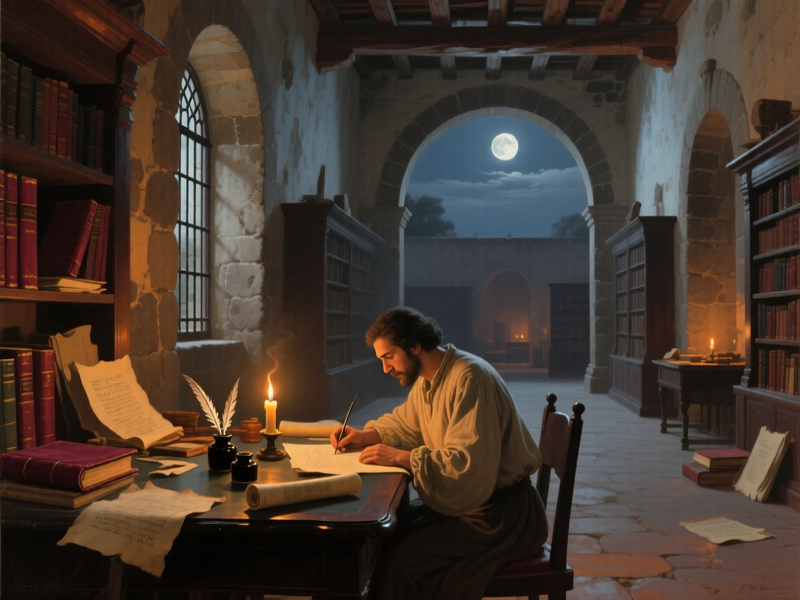 A broad landscape view of a scribe copying manuscripts by candlelight in a stone library, in colonial Mexico, under a full moon.