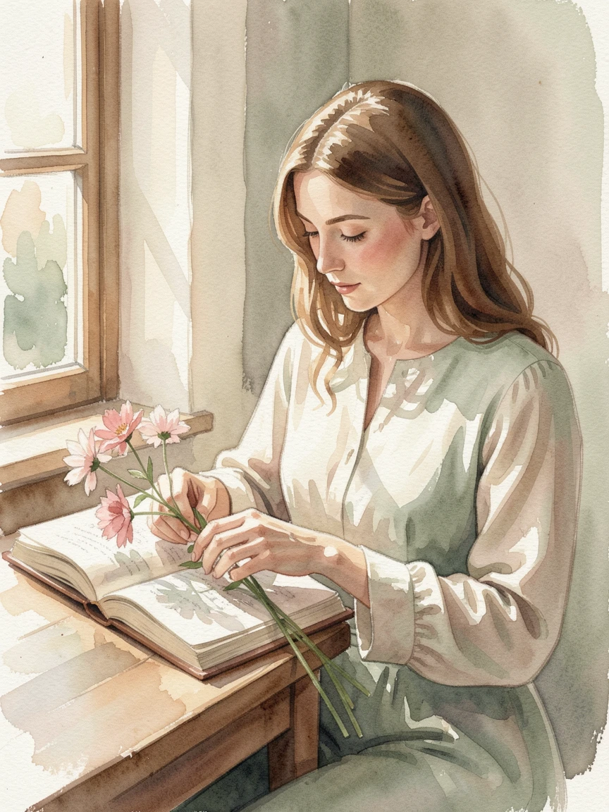 A woman pressing flowers between the pages of a book in a relaxed, unhurried setting.