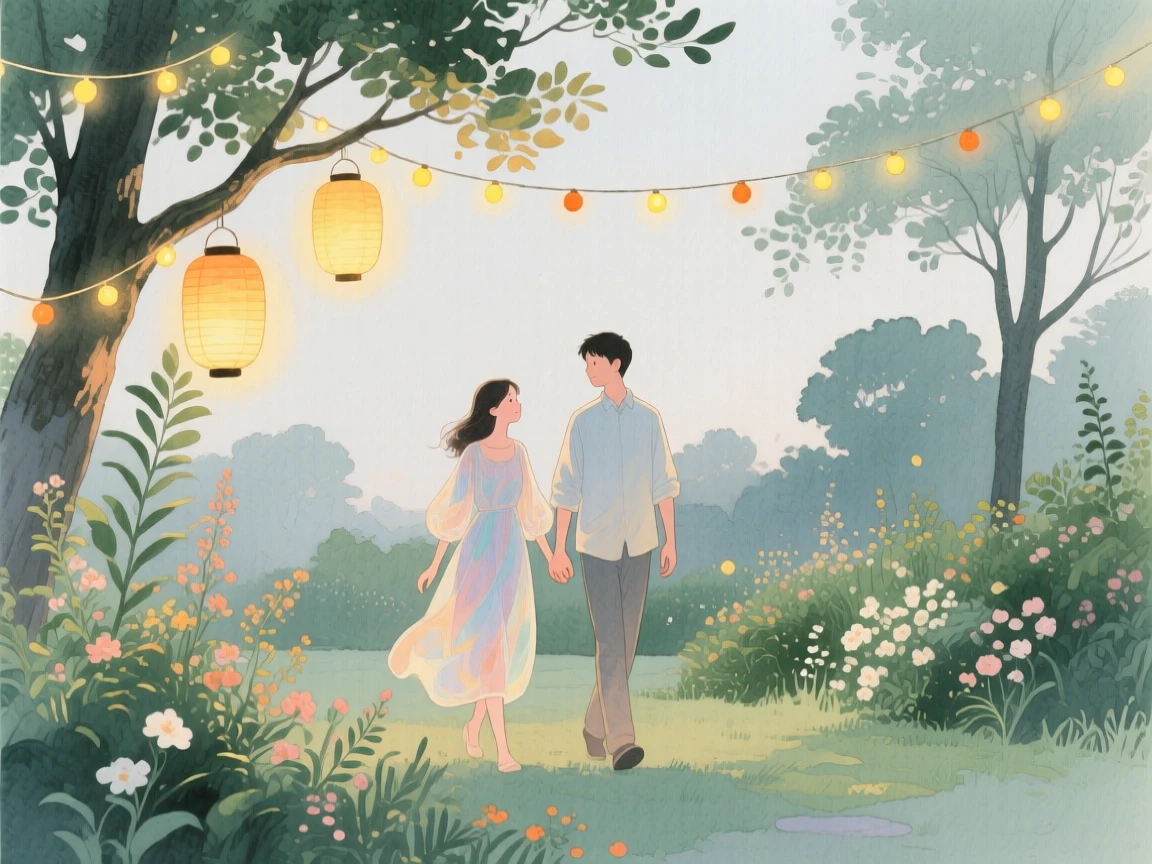 A tender moment of a stroll through a lantern-lit garden, as string lights glow softly overhead, capturing quiet affection between two people