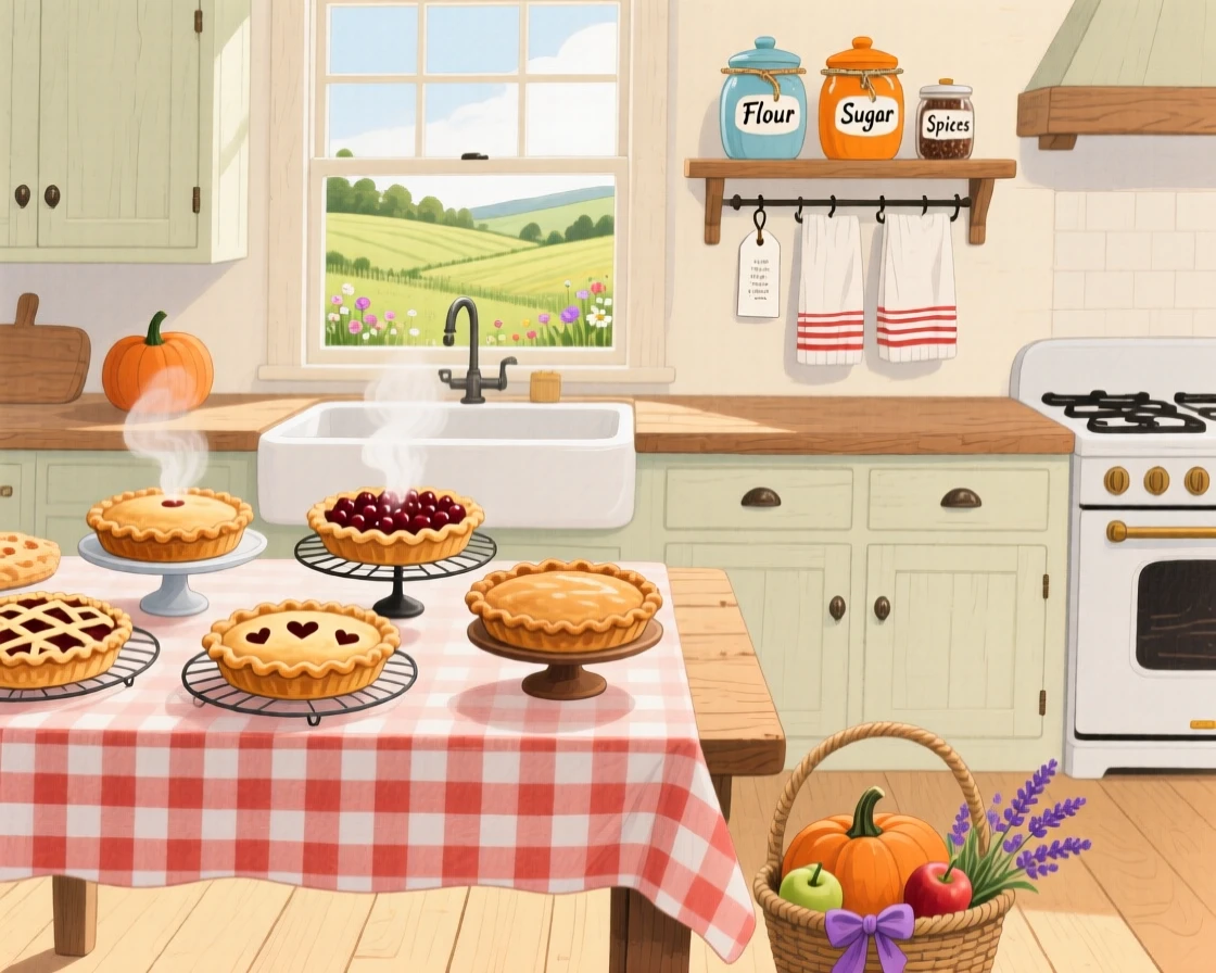 A countryside farmhouse kitchen filled with fresh pies, warm and inviting on a quiet afternoon.